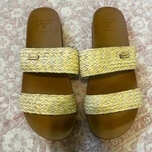Reef Double Band Slide Sandals in Brown & Natural Straw